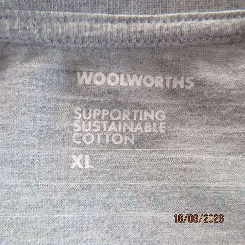 WOOLWORTHS long silver grey and white horizontal striped polycotton top, size 46
