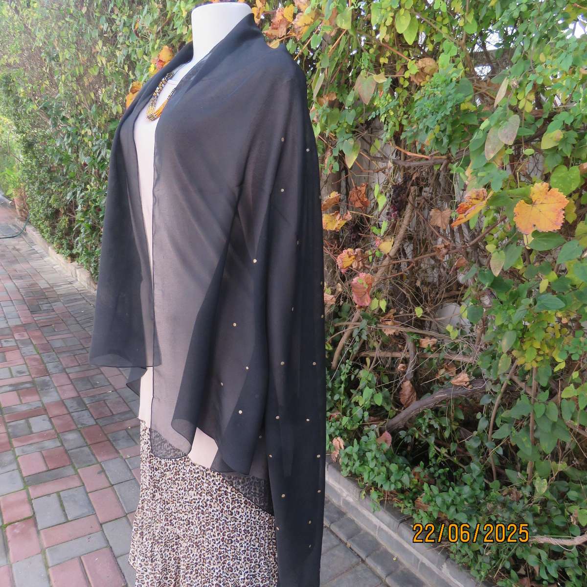 Black sheer wrap with luxury gold dots and pattern. Size 160cm x 95cm.