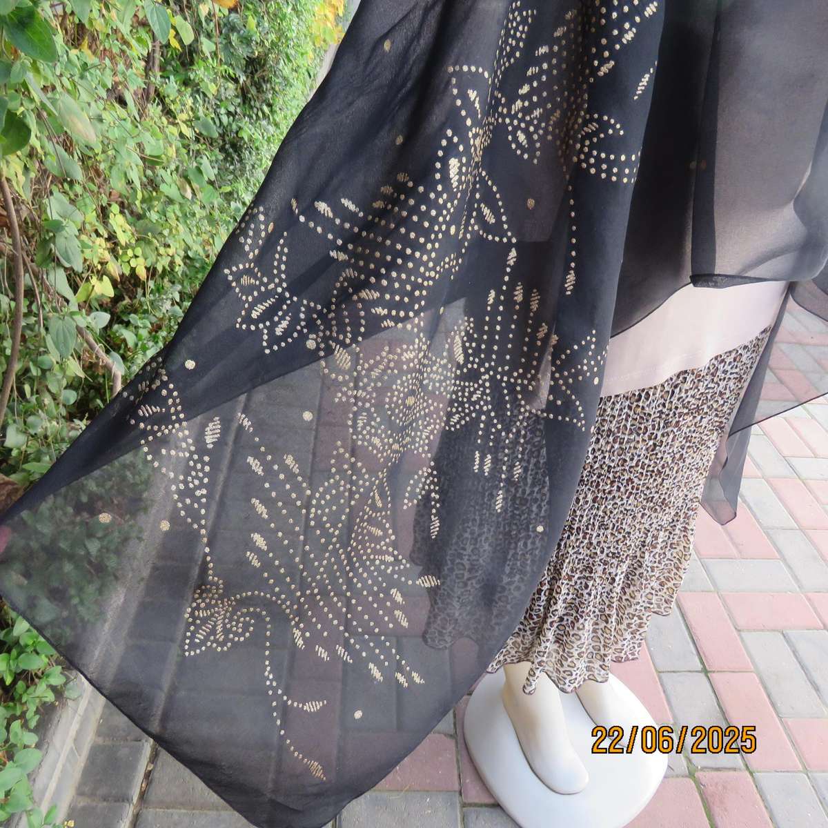 Black sheer wrap with luxury gold dots and pattern. Size 160cm x 95cm.