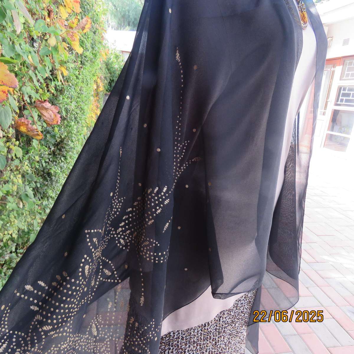 Black sheer wrap with luxury gold dots and pattern. Size 160cm x 95cm.