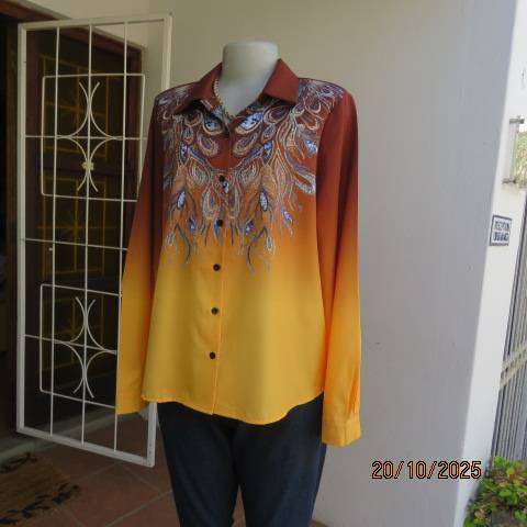 Golden brown-rust-yellow button down long sleeve top with blue feathery paisley print. Size 40