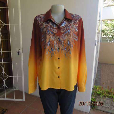 Golden brown-rust-yellow button down long sleeve top with blue feathery paisley print. Size 40