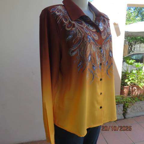 Golden brown-rust-yellow button down long sleeve top with blue feathery paisley print. Size 40