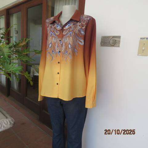 Golden brown-rust-yellow button down long sleeve top with blue feathery paisley print. Size 40