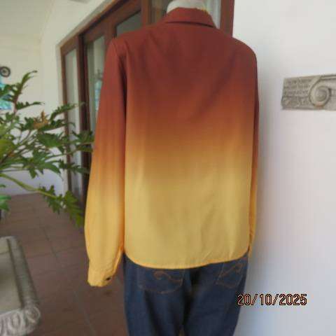 Golden brown-rust-yellow button down long sleeve top with blue feathery paisley print. Size 40