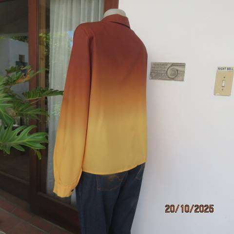 Golden brown-rust-yellow button down long sleeve top with blue feathery paisley print. Size 40