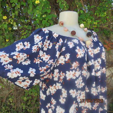 Navy viscose loose short raglan sleeve top with white flowers and elasticated neckline size 42