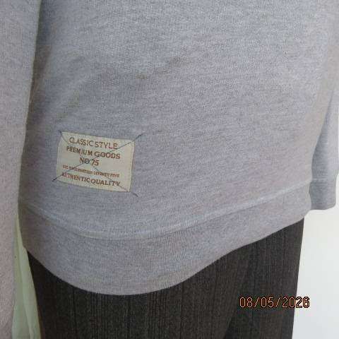 New Wave slip-over warm long sleeve grey-white top with brown suede shoulder patches, size 34