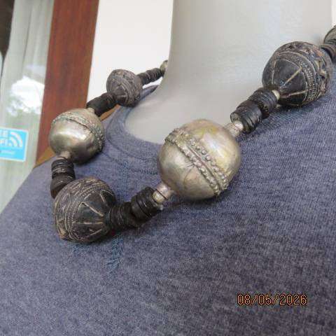 Traditional Ethnic Necklace with Silver-Toned Spherical and Etched Clay Beads