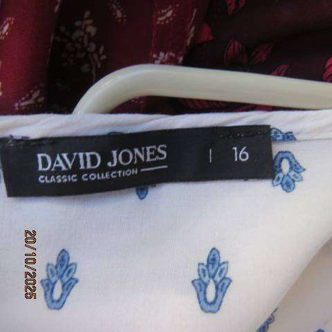 DAVID JONES white V neck viscose top with blue print and wide border. Size 40