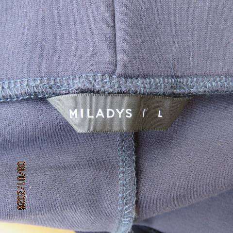 MILADYS dark navy stretch rayon-nylon pants with wide elastic waistband. Bootlegged. Size 38