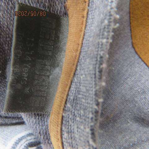 New Wave slip-over warm long sleeve grey-white top with brown suede shoulder patches, size 34