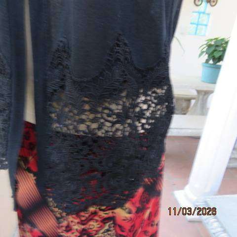 DANNIER black polycotton knit open hanging short sleeve cover-up with lace border, size 38