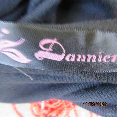 DANNIER black polycotton knit open hanging short sleeve cover-up with lace border, size 38