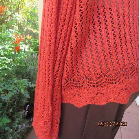 Burnt orange loose knitted slip-over long sleeve top with V neck, size 46-48