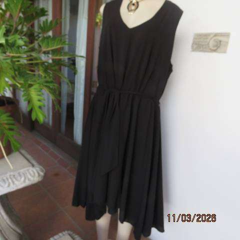 DONNA CLAIRE black sleeveless polyester stretch lined dress with fabric belt, size 48-50