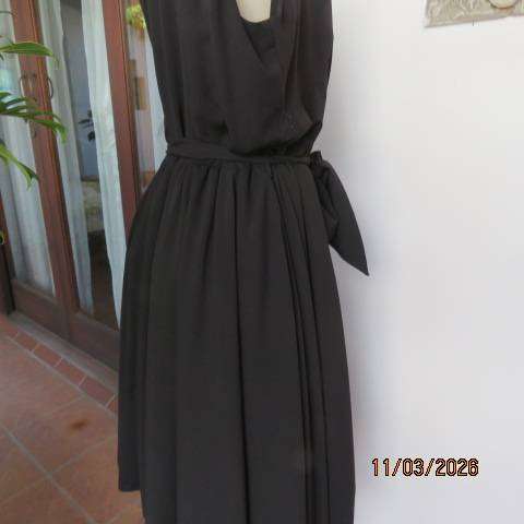 DONNA CLAIRE black sleeveless polyester stretch lined dress with fabric belt, size 48-50