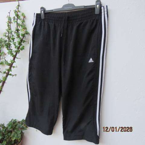 ADIDAS mens black nylon-mesh cropped sport pants with white side stripes. Drawstring Size 36