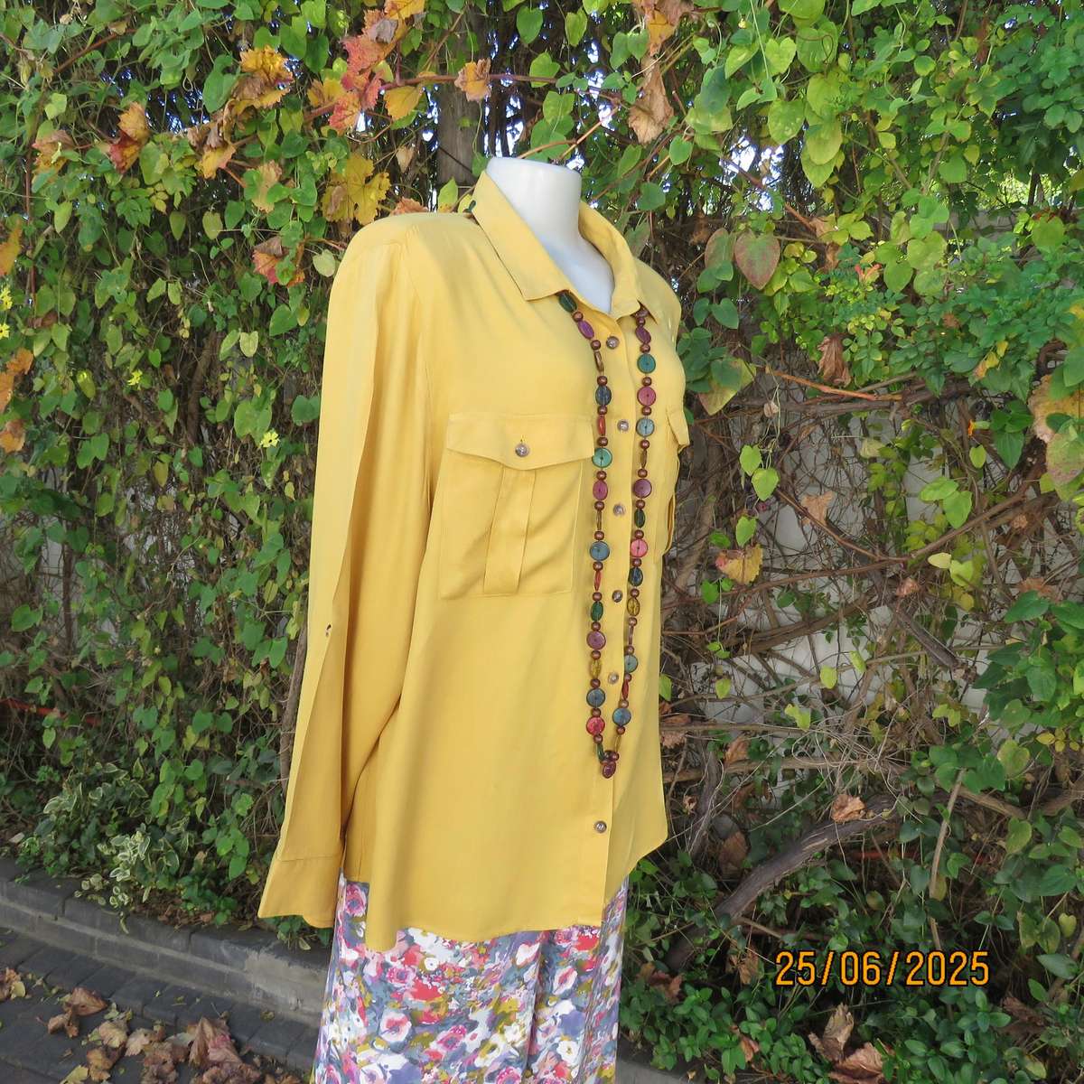 Mustard colour long sleeve soft viscose shirt. Yoked back with pleat. 2 front pockets. Size 46