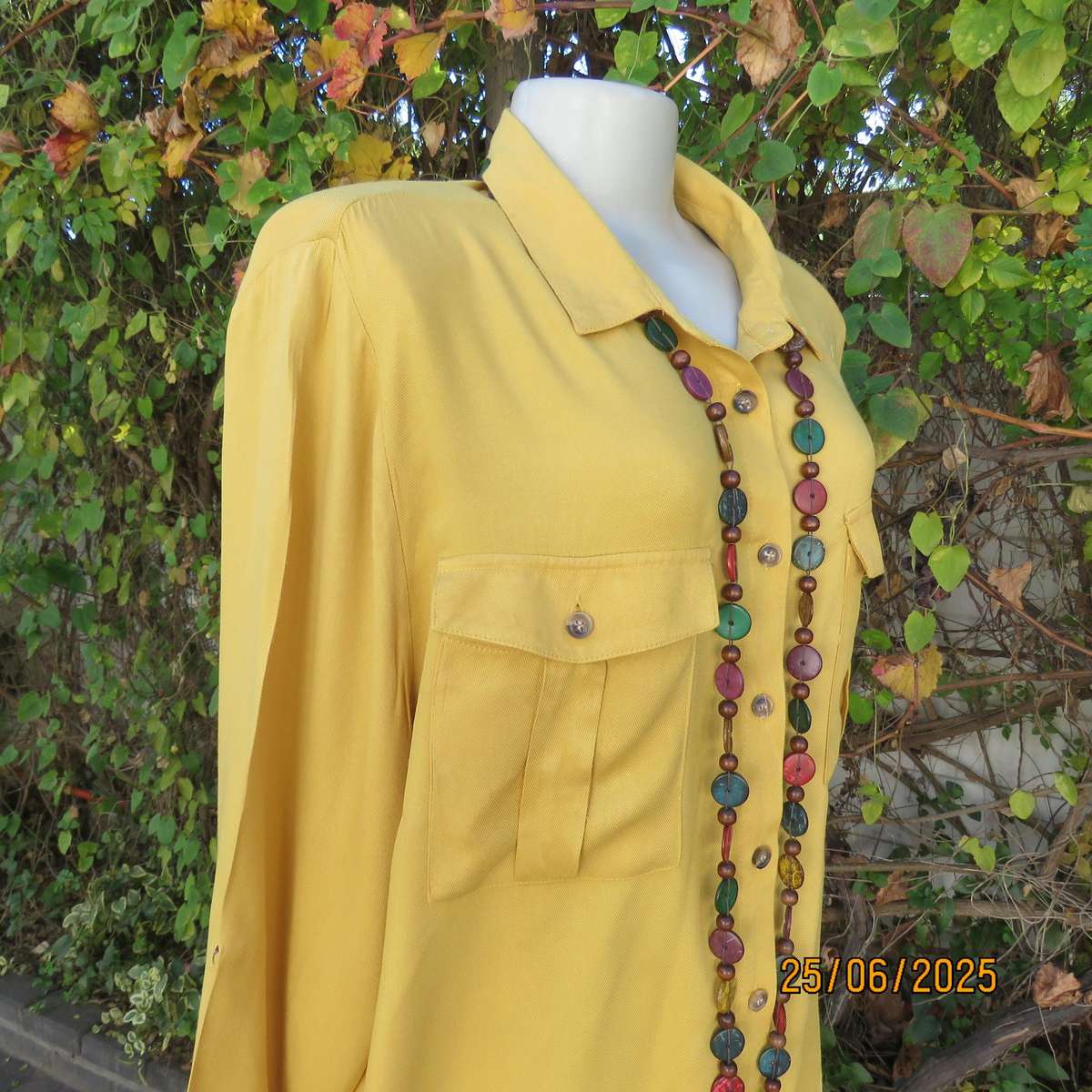 Mustard colour long sleeve soft viscose shirt. Yoked back with pleat. 2 front pockets. Size 46