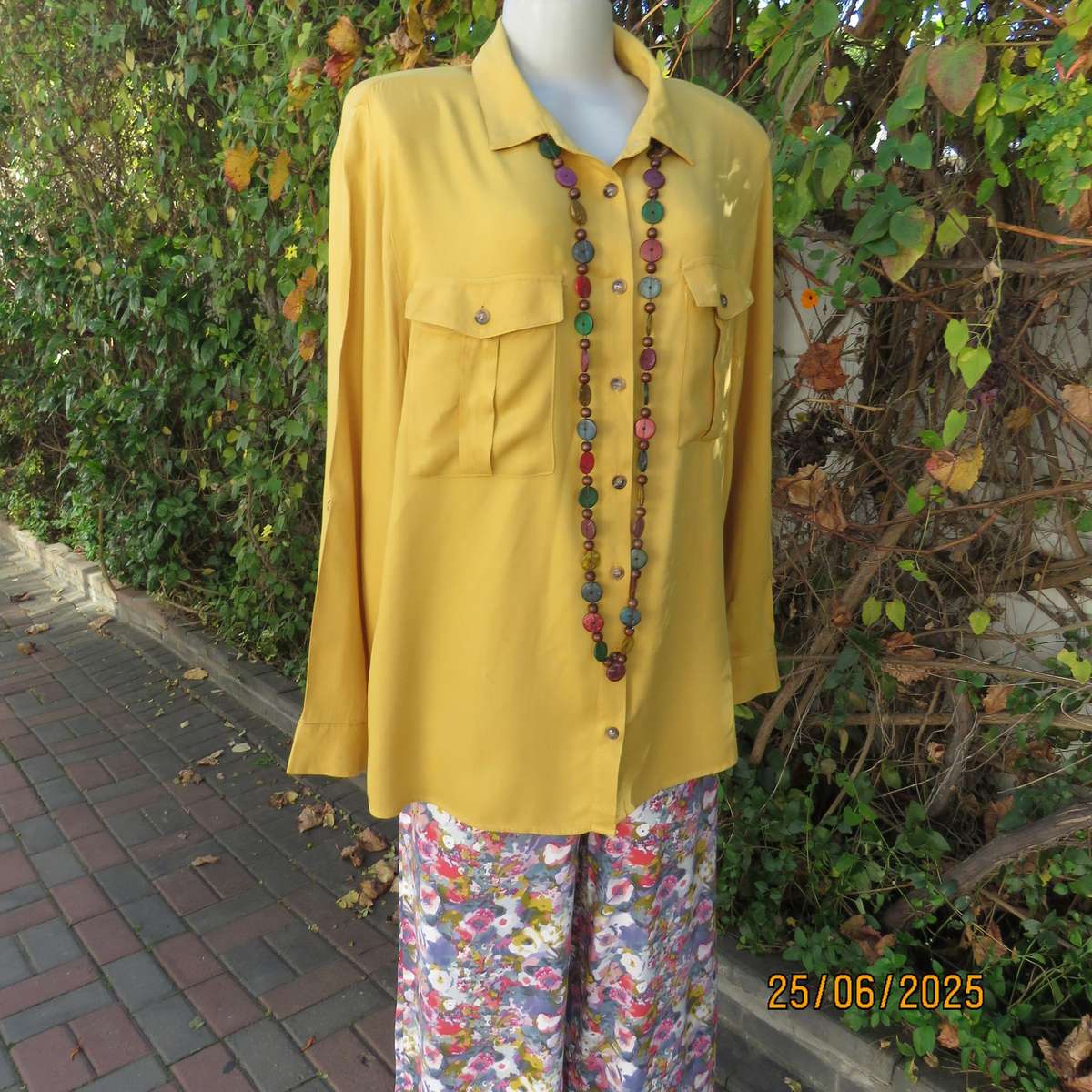 Mustard colour long sleeve soft viscose shirt. Yoked back with pleat. 2 front pockets. Size 46