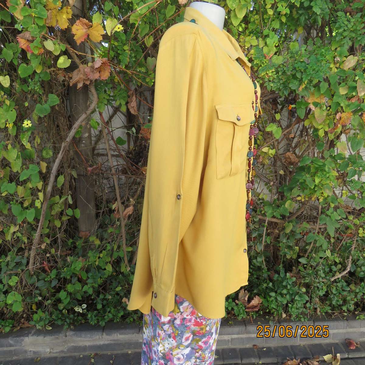 Mustard colour long sleeve soft viscose shirt. Yoked back with pleat. 2 front pockets. Size 46