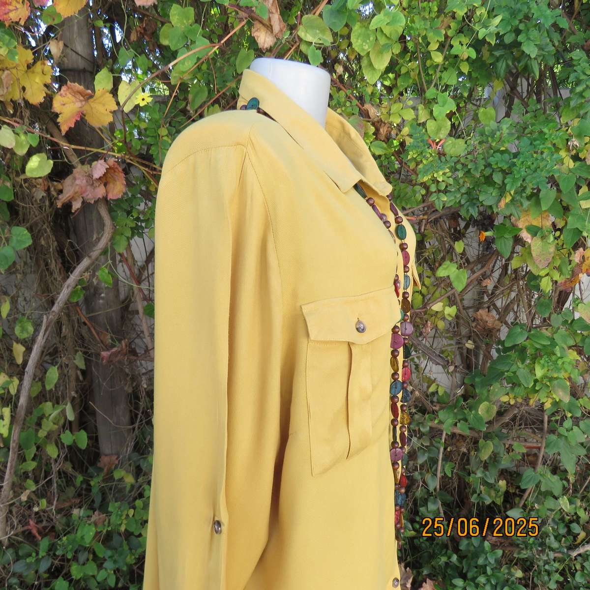 Mustard colour long sleeve soft viscose shirt. Yoked back with pleat. 2 front pockets. Size 46