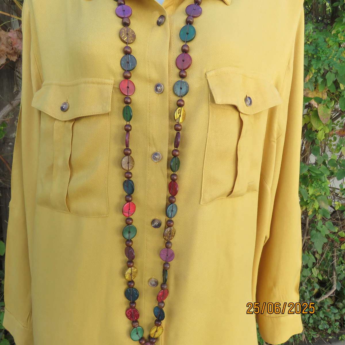 Mustard colour long sleeve soft viscose shirt. Yoked back with pleat. 2 front pockets. Size 46