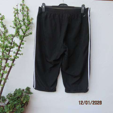 ADIDAS mens black nylon-mesh cropped sport pants with white side stripes. Drawstring Size 36