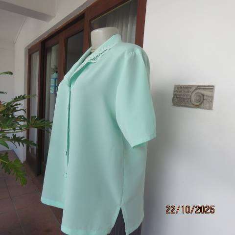 SHIGE mint green short sleeve silky polyester top with richly embroidered collar. Size 42