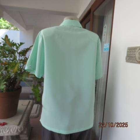 SHIGE mint green short sleeve silky polyester top with richly embroidered collar. Size 42