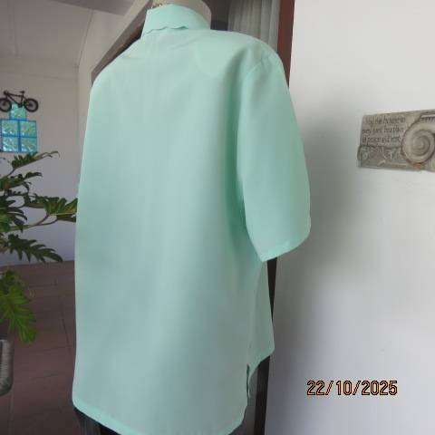 SHIGE mint green short sleeve silky polyester top with richly embroidered collar. Size 42