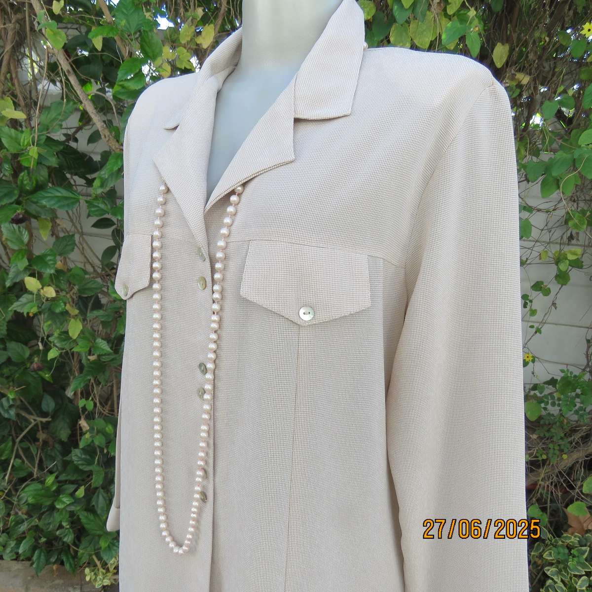 ALL BIZ beige-tan mini check polycotton shirt size 42. Dummy pockets. From NZ