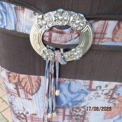 Floral fully lined polyester frilled skirt with black yoke and buckle, size 36