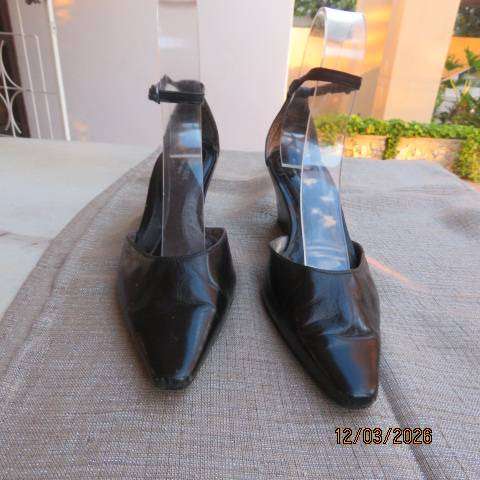 WOOLWORTHS black wedge heel pointed leather shoes with ankle straps, size 5