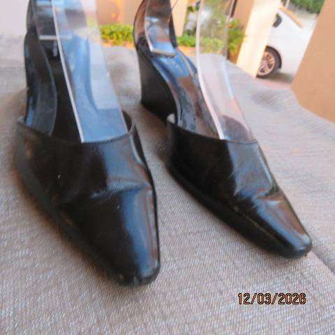 WOOLWORTHS black wedge heel pointed leather shoes with ankle straps, size 5
