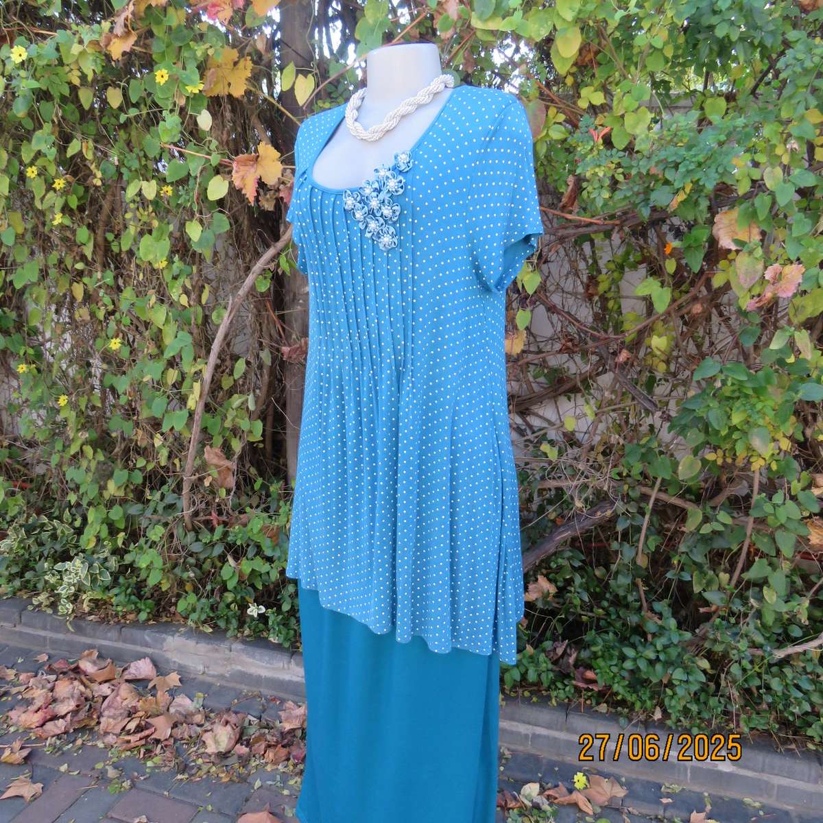 Jade long stretch polycotton slip over top with white polkadots. Capped sleeves. Size 38