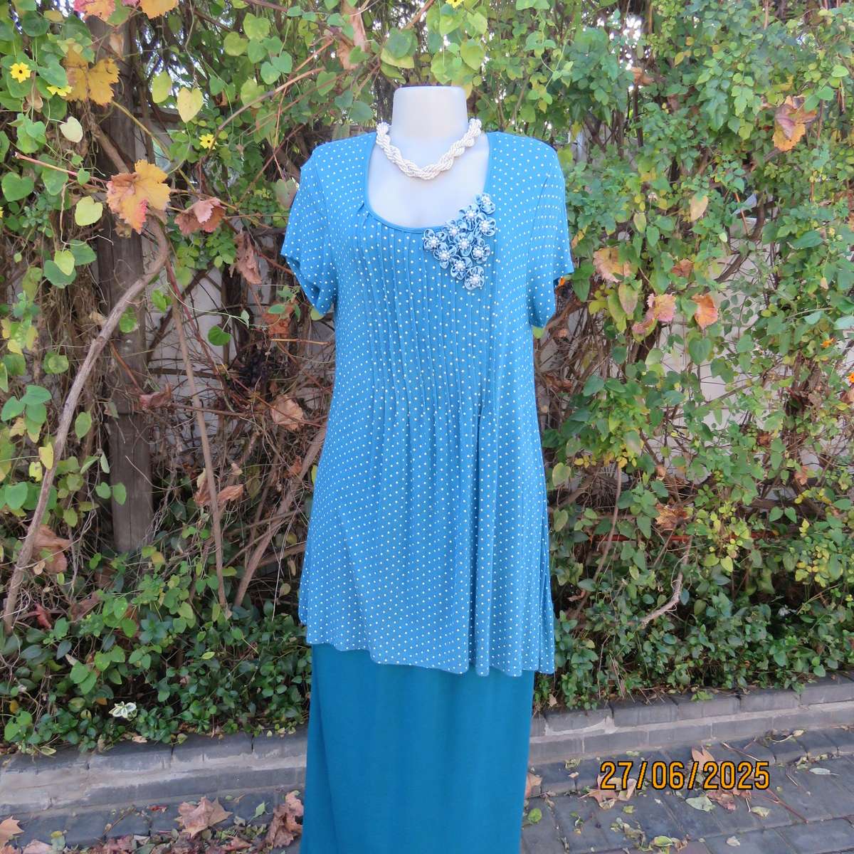 Jade long stretch polycotton slip over top with white polkadots. Capped sleeves. Size 38