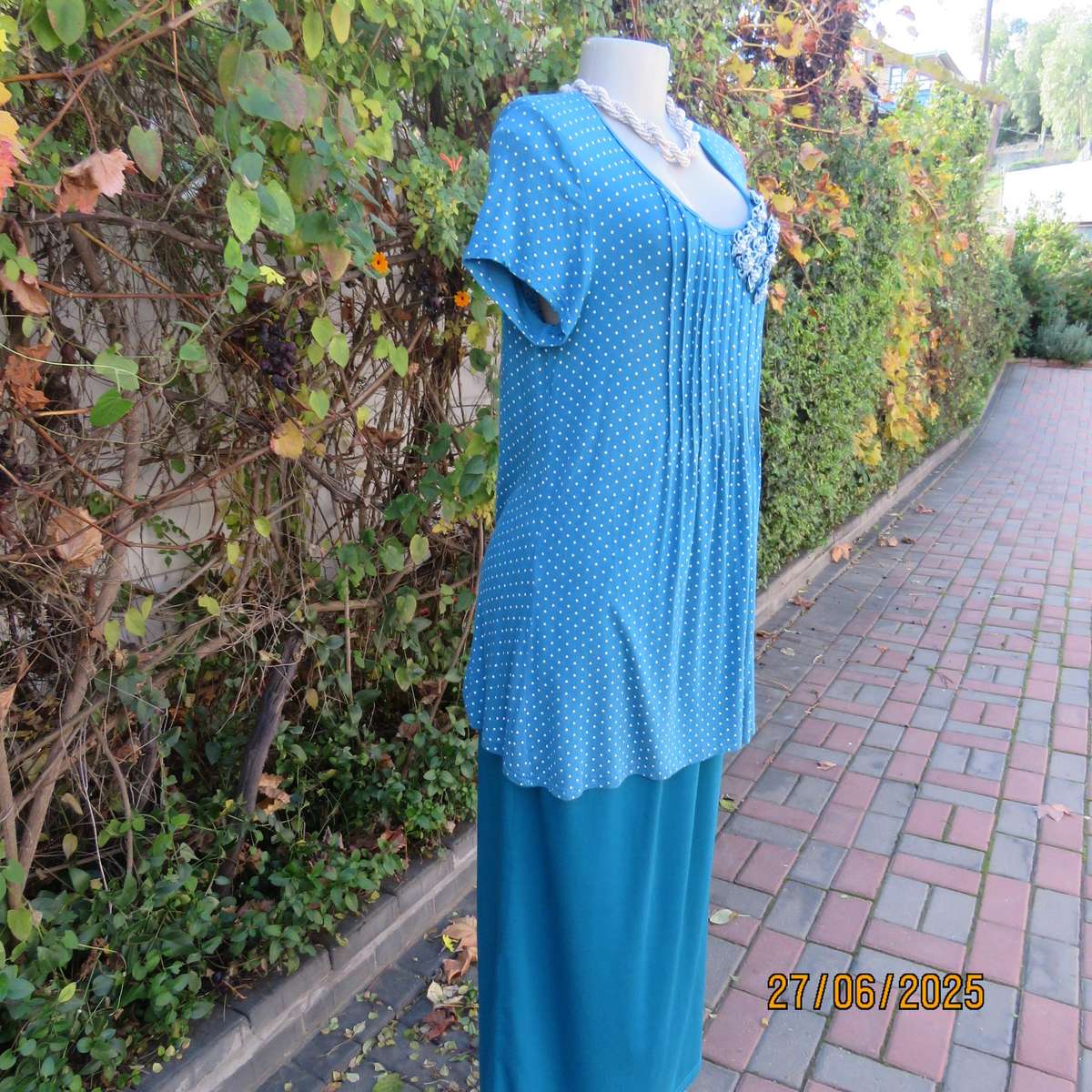 Jade long stretch polycotton slip over top with white polkadots. Capped sleeves. Size 38