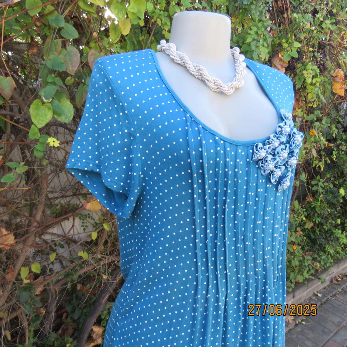 Jade long stretch polycotton slip over top with white polkadots. Capped sleeves. Size 38