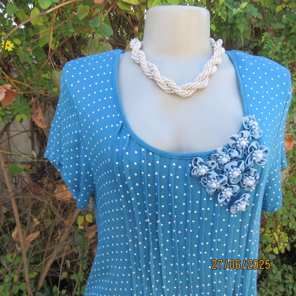 Jade long stretch polycotton slip over top with white polkadots. Capped sleeves. Size 38