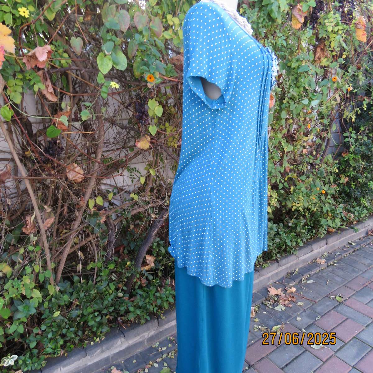 Jade long stretch polycotton slip over top with white polkadots. Capped sleeves. Size 38