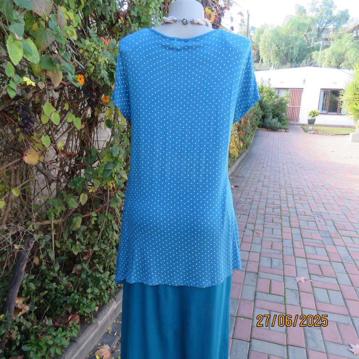 Jade long stretch polycotton slip over top with white polkadots. Capped sleeves. Size 38