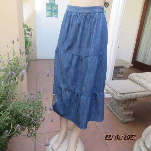 WOOLWORTHS blue light weight denim tiered skirt with elastic waist back. Size 40