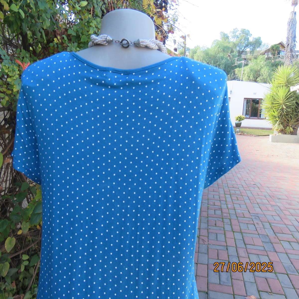 Jade long stretch polycotton slip over top with white polkadots. Capped sleeves. Size 38