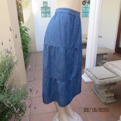WOOLWORTHS blue light weight denim tiered skirt with elastic waist back. Size 40