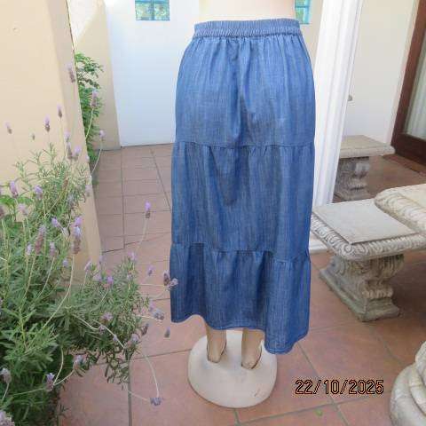 WOOLWORTHS blue light weight denim tiered skirt with elastic waist back. Size 40