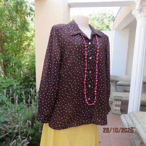 BY DESIGN choc brown sheer polyester long sleeve top with tan-yellow-crimson dots. Size 40