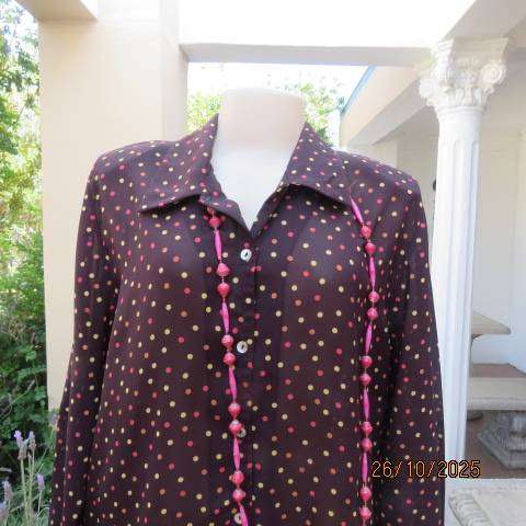 BY DESIGN choc brown sheer polyester long sleeve top with tan-yellow-crimson dots. Size 40