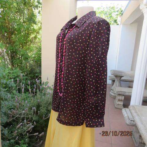 BY DESIGN choc brown sheer polyester long sleeve top with tan-yellow-crimson dots. Size 40